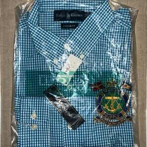 Ralph Lauren Teal and White Gingham Men's Long Sleeve Shirt